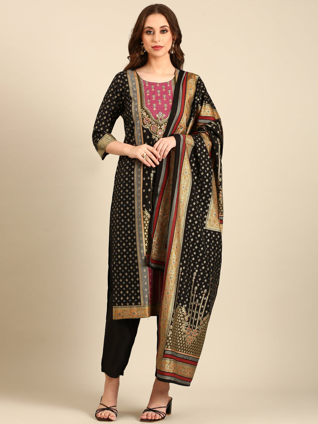 Neerus Black silk embellished kurta set with dupatta - back view