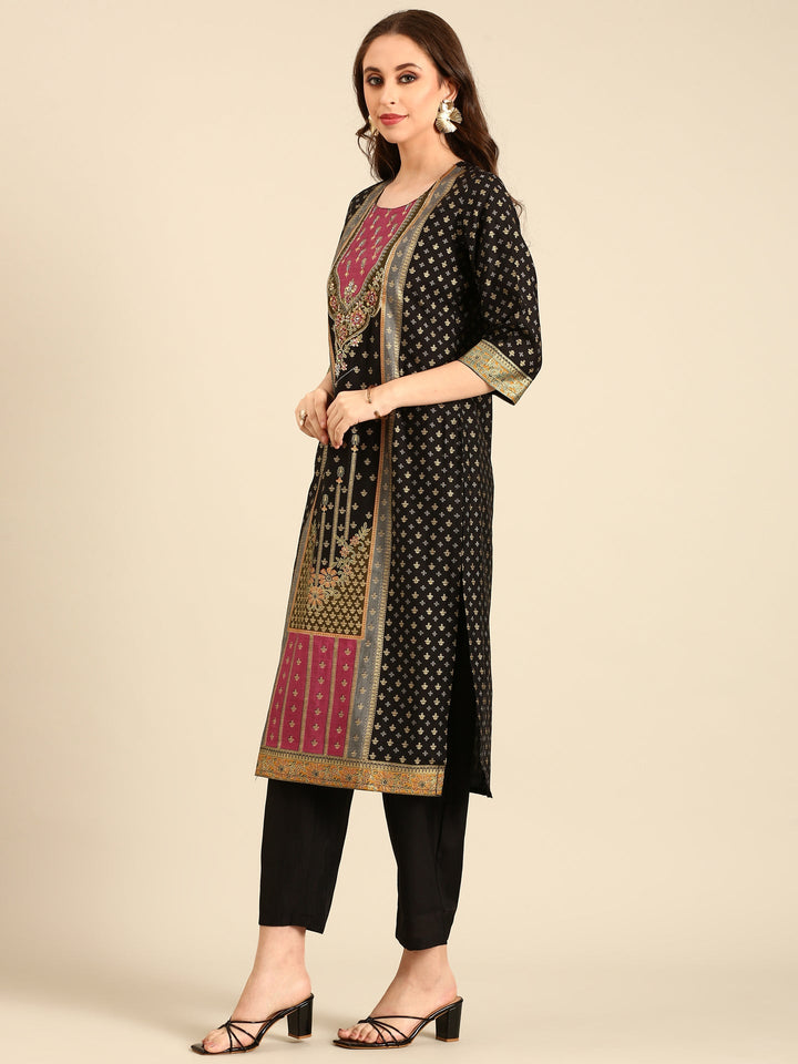 Neerus Black silk embellished kurta set with dupatta - side view
