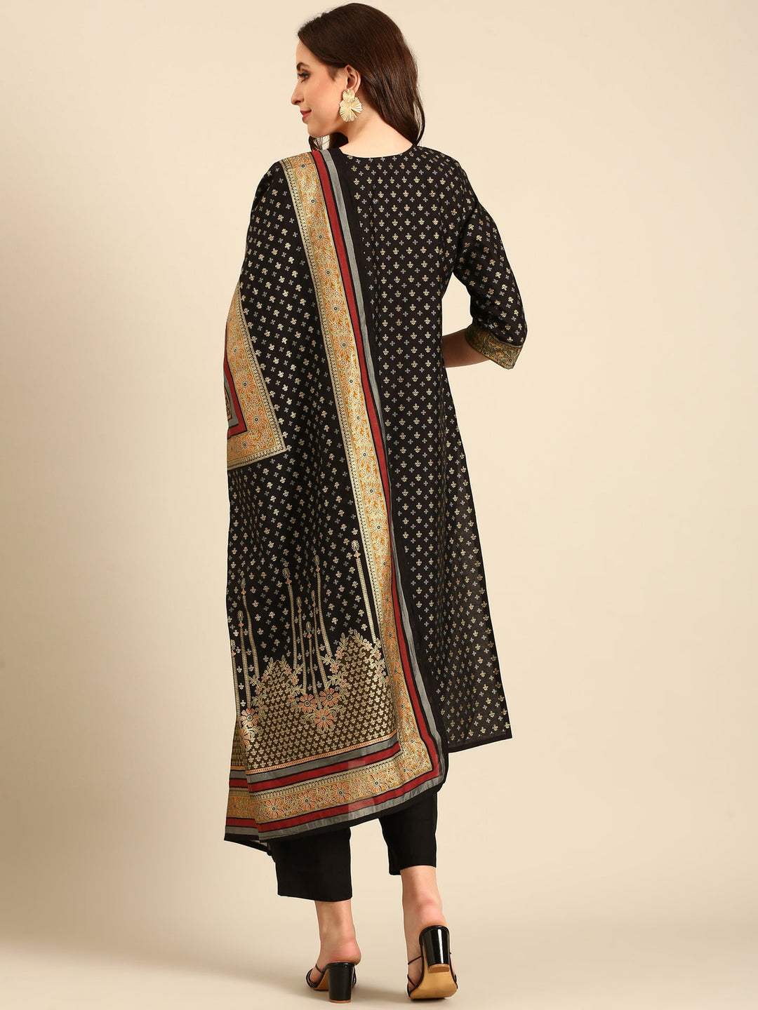 Neerus Black silk embellished kurta set with dupatta - detail view 1
