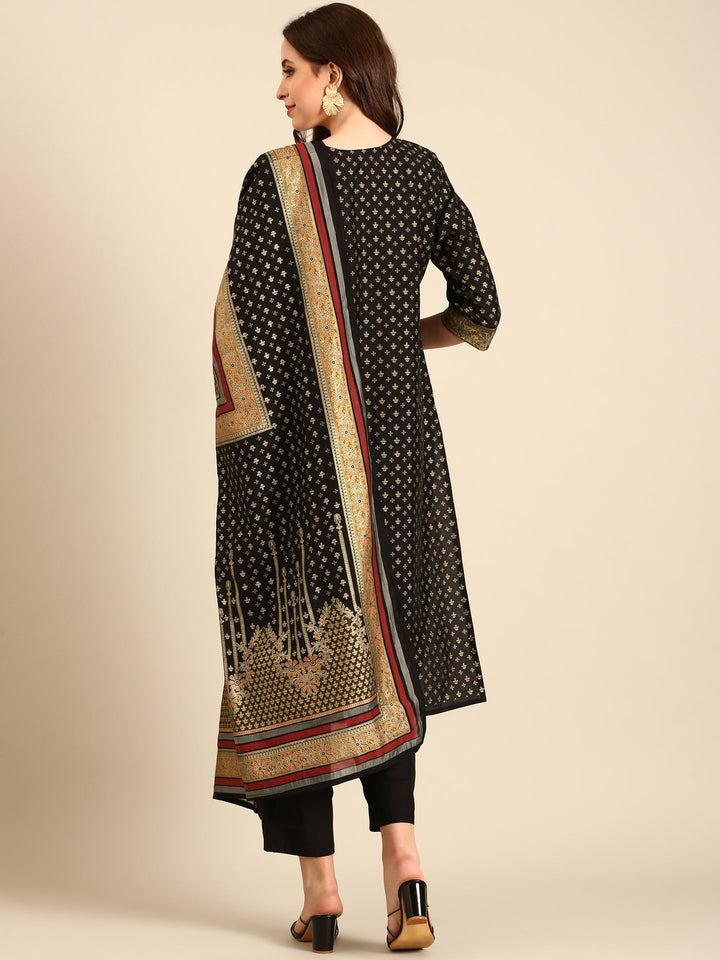 Neerus Black silk embellished kurta set with dupatta - detail view 1