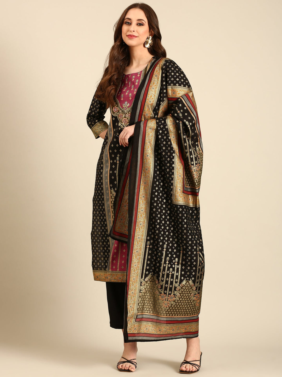 Neerus Black silk embellished kurta set with dupatta - front view