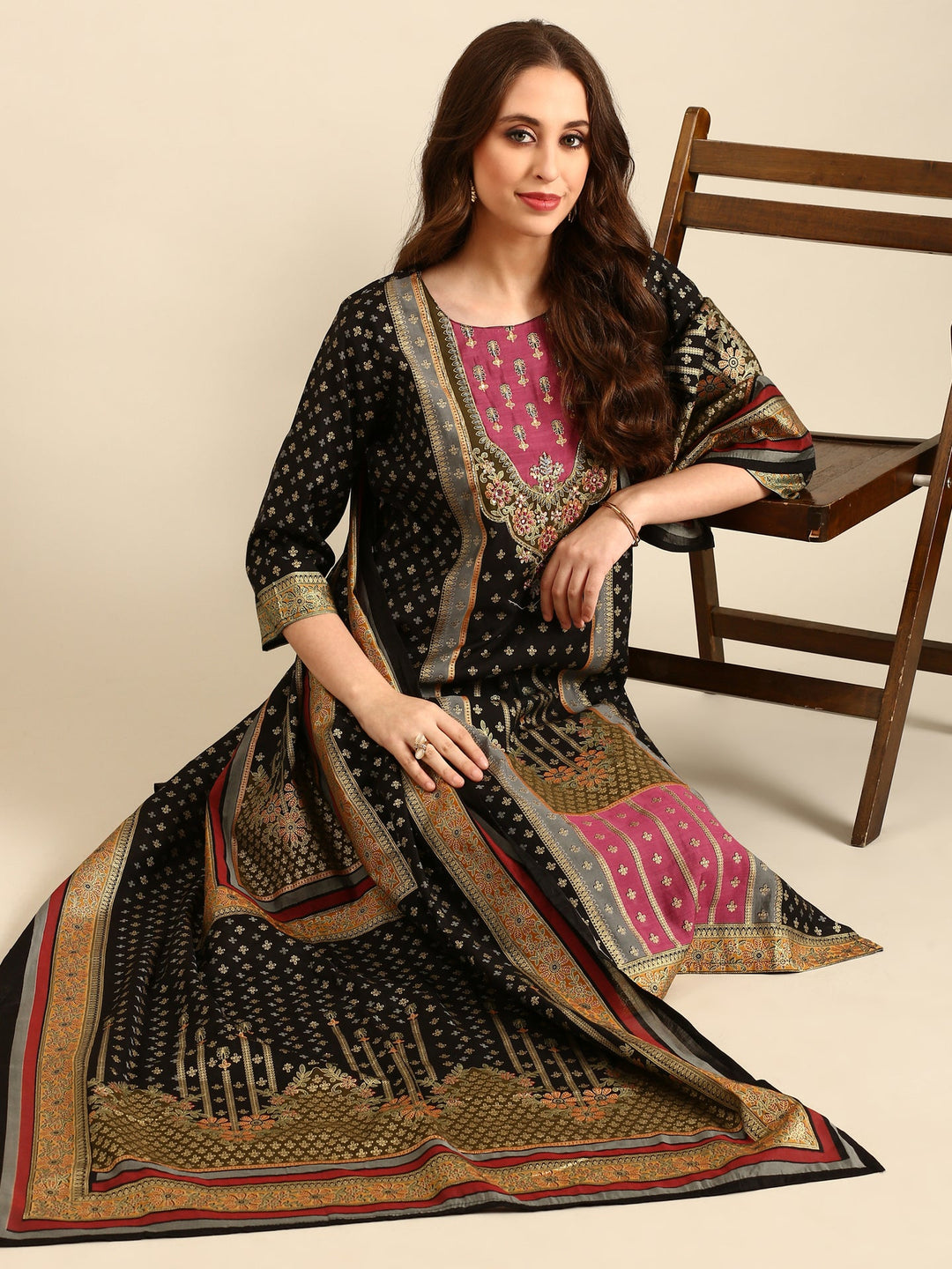 Neerus Black silk embellished kurta set with dupatta - detail view 3