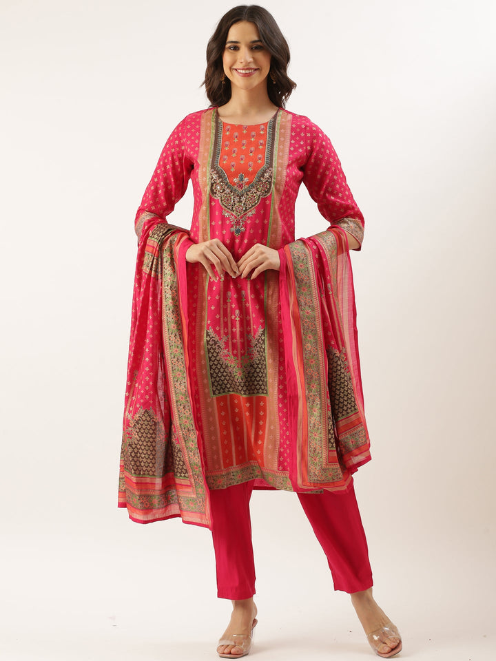 Neerus Pink silk printed suit set - front view