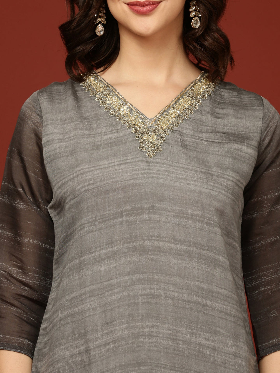 Neerus Grey muslin solid suit set - detail view 1