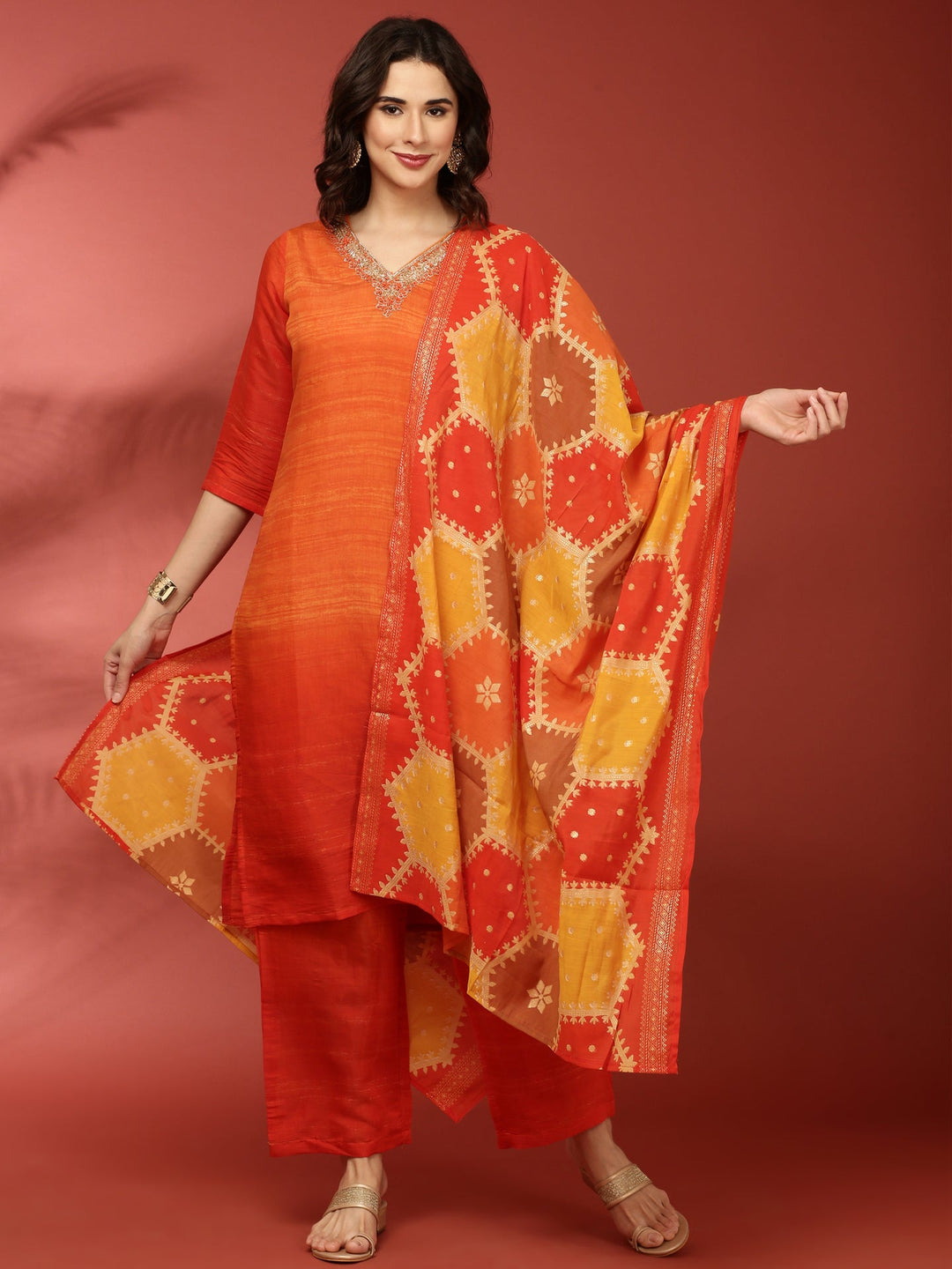 Neerus Orange muslin suit set - front view
