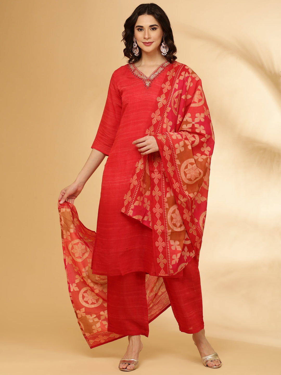 Neerus Red muslin solid suit set - front view