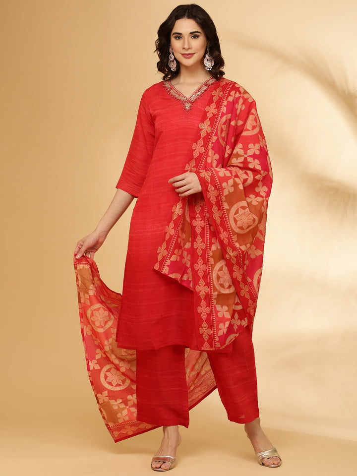 Neerus Red muslin solid suit set - front view