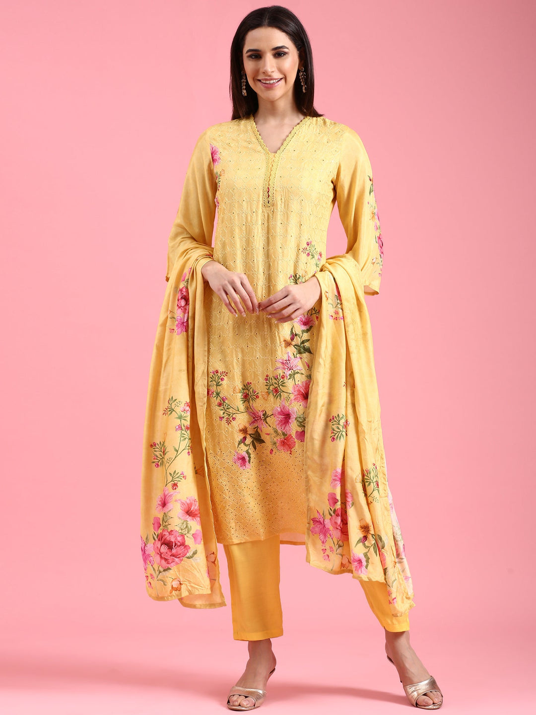 Neerus Yellow Chikankari Anarkali Suit Set - front view