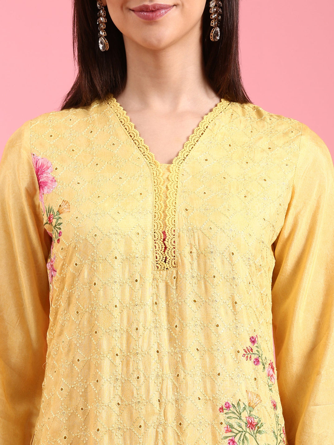 Neerus Yellow Chikankari Anarkali Suit Set - detail view 1