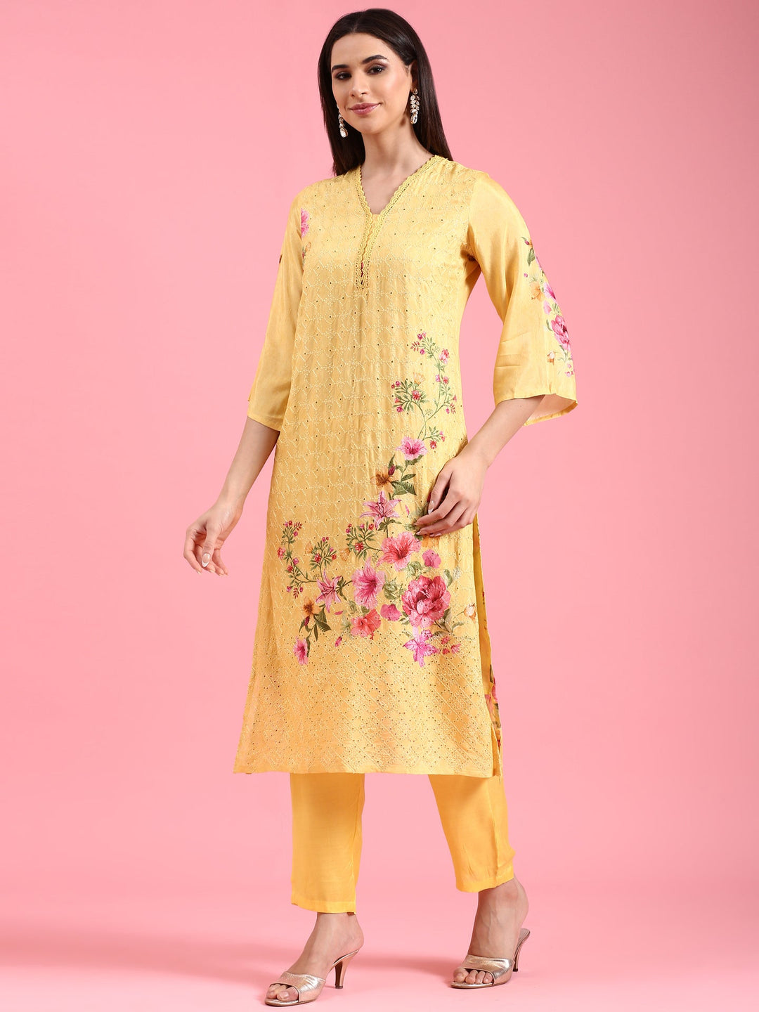 Neerus Yellow Chikankari Anarkali Suit Set - back view