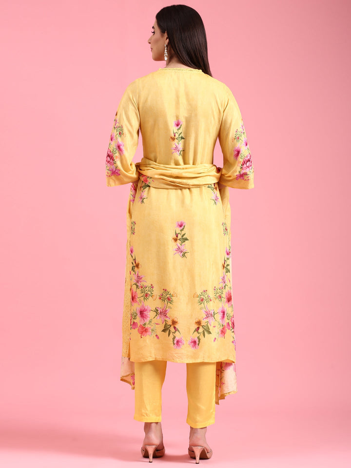 Neerus Yellow Chikankari Anarkali Suit Set - side view