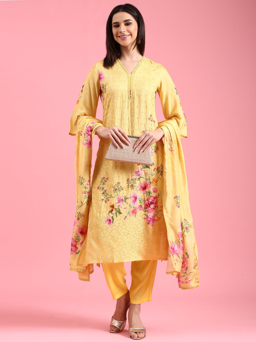 Neerus Yellow Chikankari Anarkali Suit Set - detail view 2