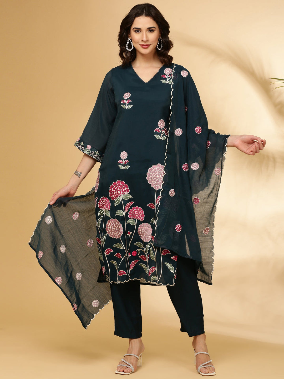 Neerus Blue Silk Embroidered Suit Set - front view