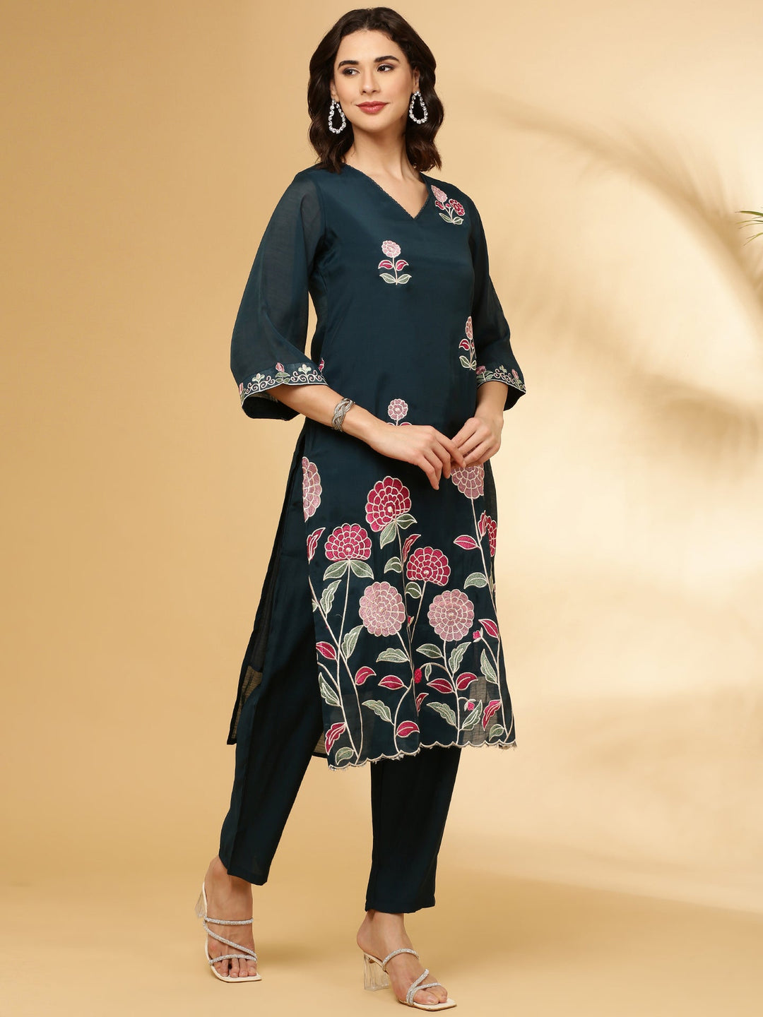Neerus Blue Silk Embroidered Suit Set - back view