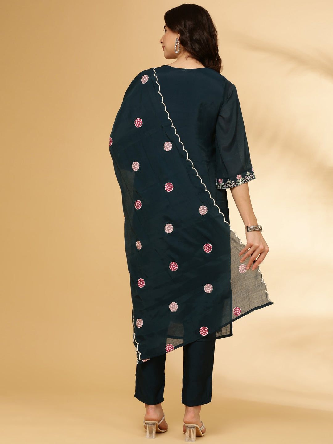 Neerus Blue Silk Embroidered Suit Set - side view
