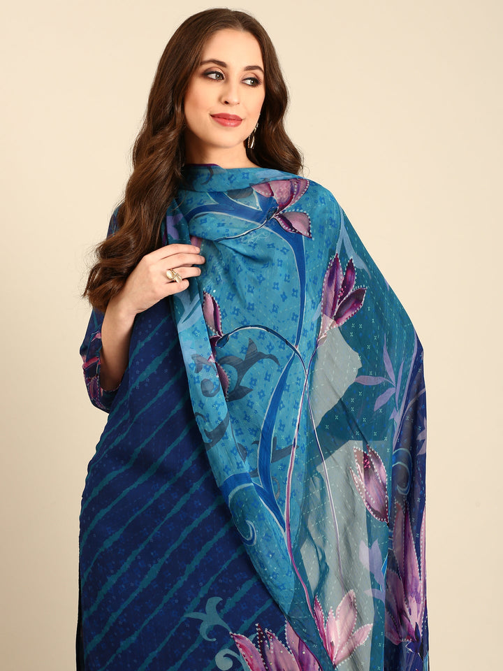 Midnight blue leheriya printed georgette three piece embroidered suit set