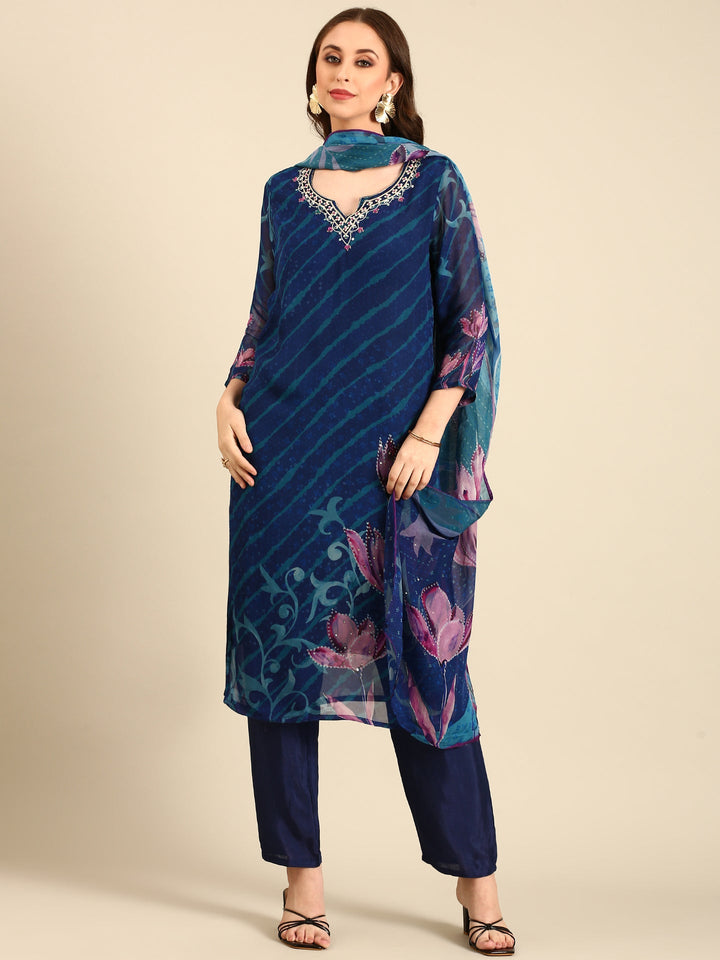 Midnight blue leheriya printed georgette three piece embroidered suit set