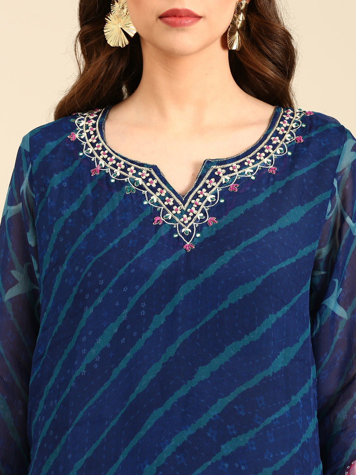 Midnight blue leheriya printed georgette three piece embroidered suit set