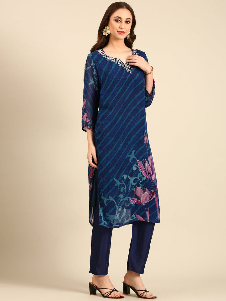 Midnight blue leheriya printed georgette three piece embroidered suit set
