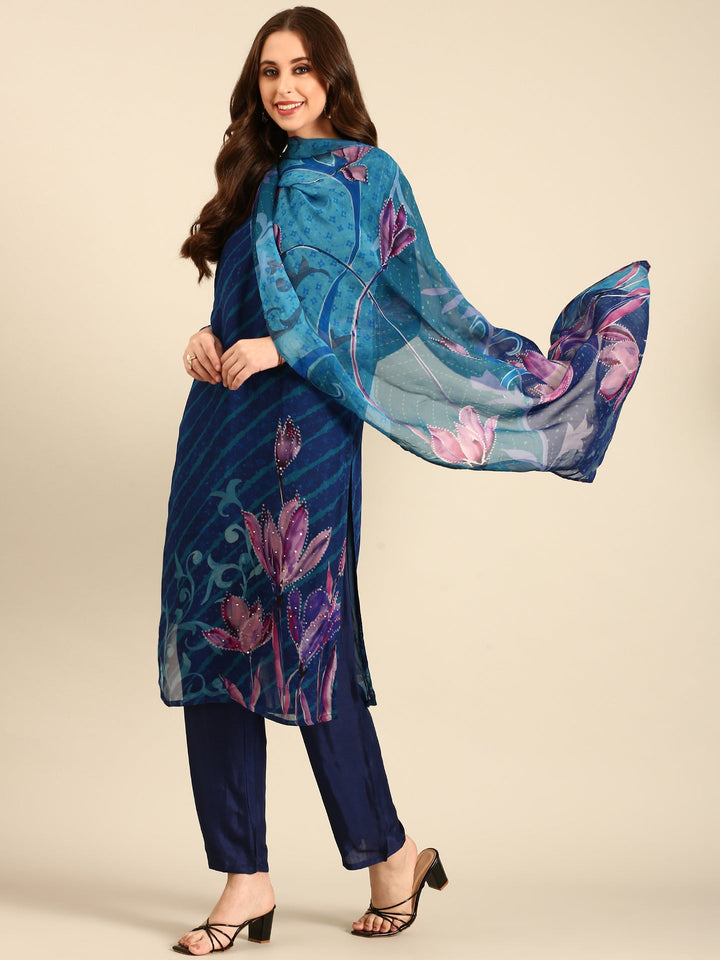 Neerus Blue georgette embroidered suit set - front view