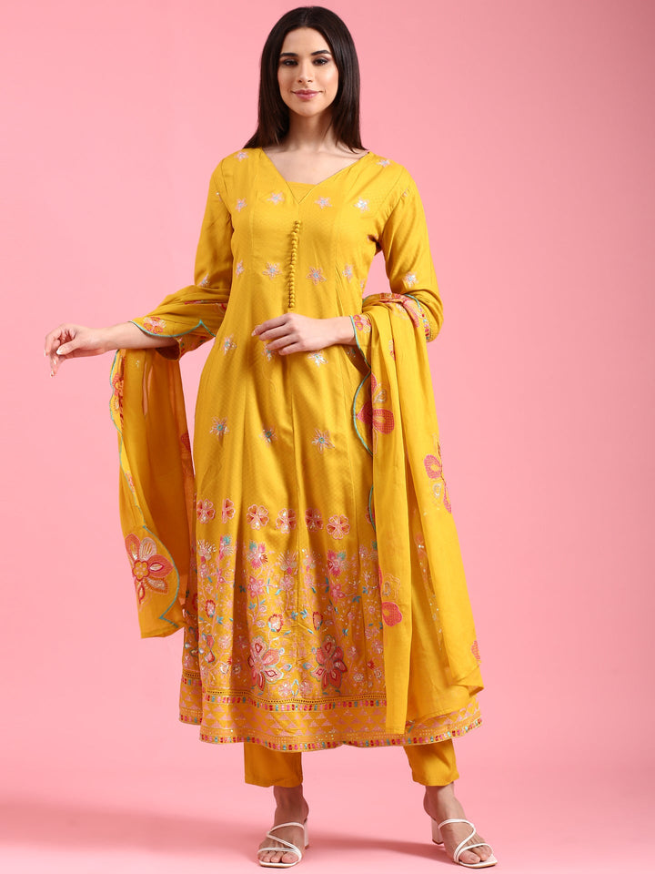 Neerus Yellow cotton embroidered Anarkali suit set - front view