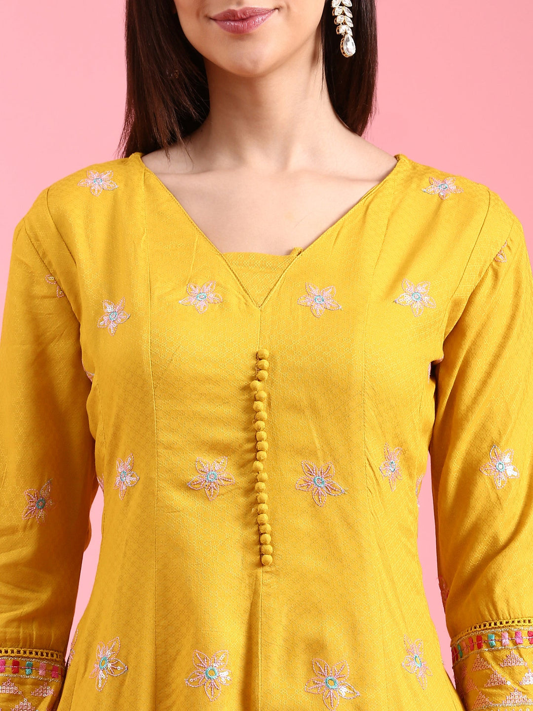 Neerus Yellow cotton embroidered Anarkali suit set - detail view 1