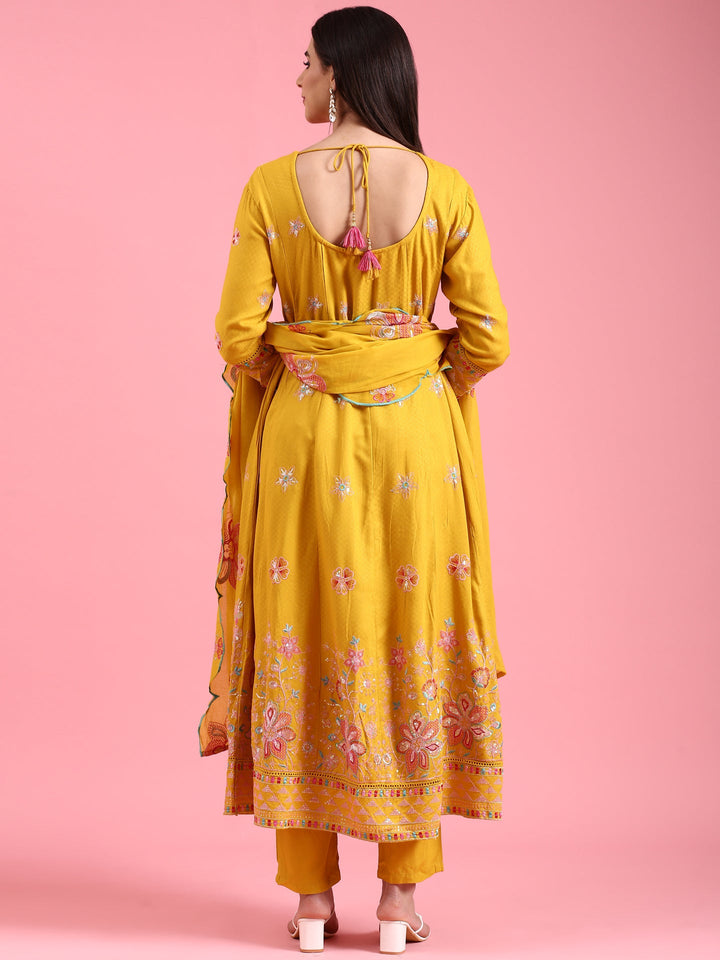 Neerus Yellow cotton embroidered Anarkali suit set - side view