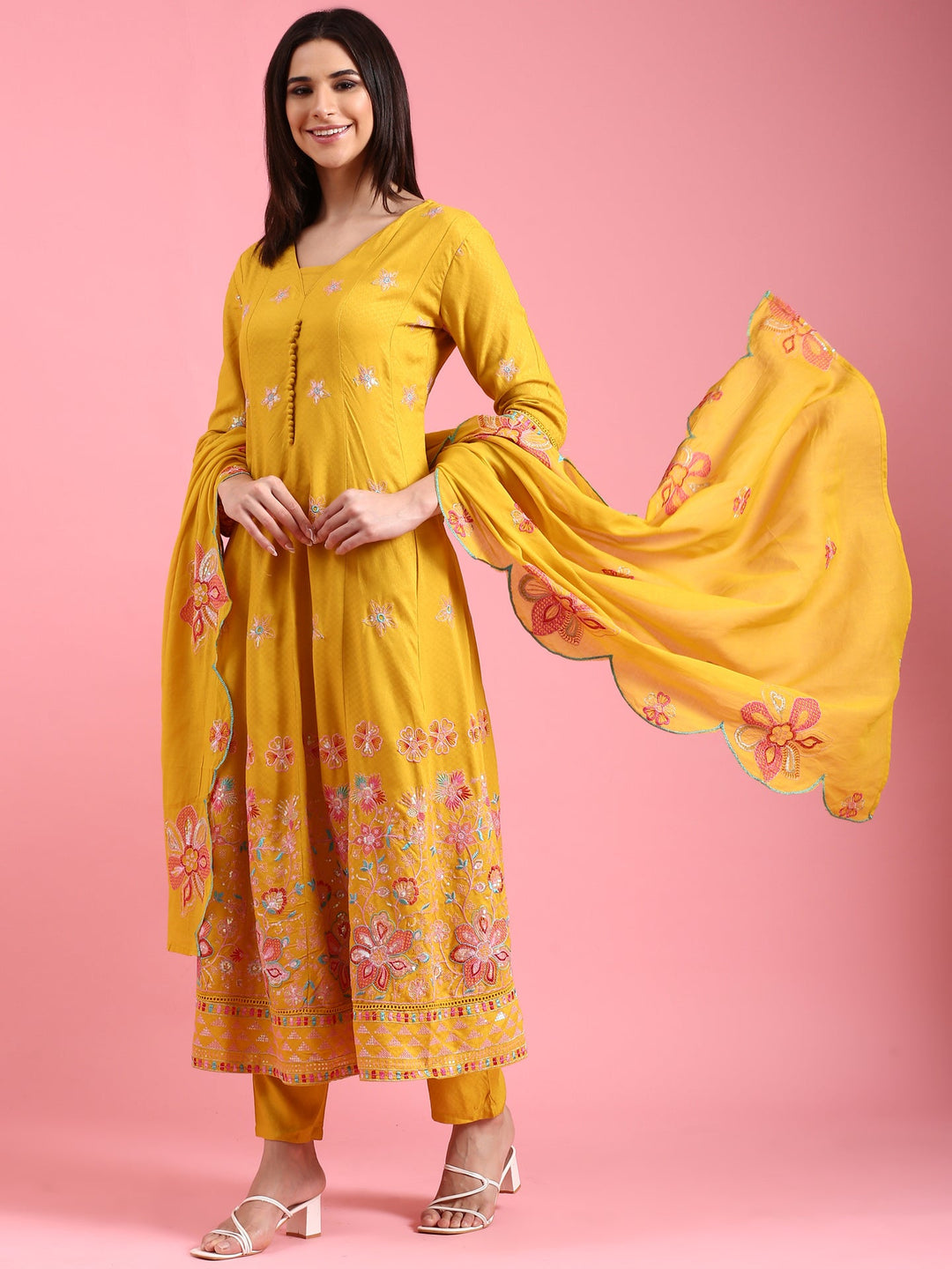 Neerus Yellow cotton embroidered Anarkali suit set - detail view 2