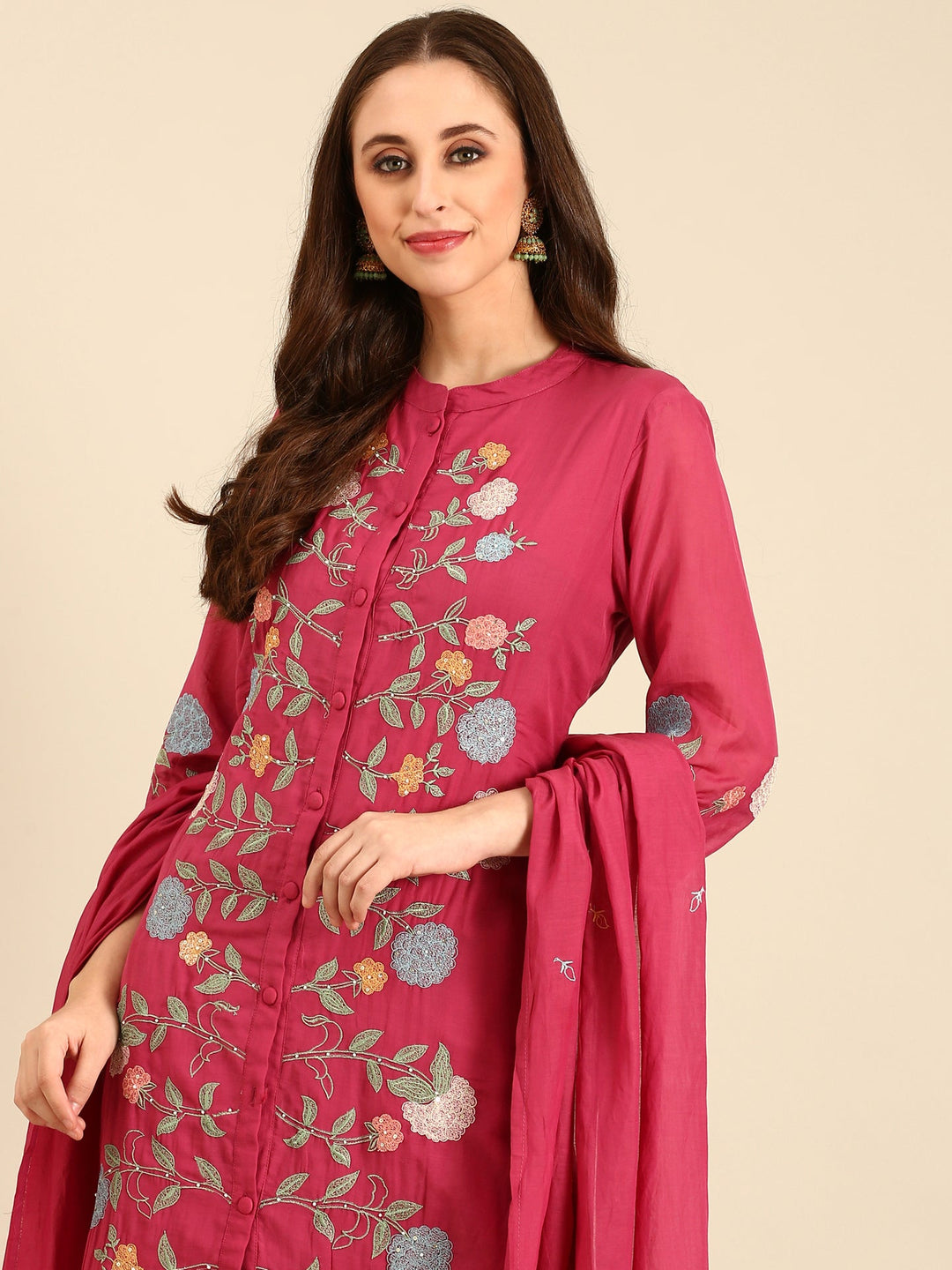 Neerus Pink muslin hand embroidered suit set - detail view 3