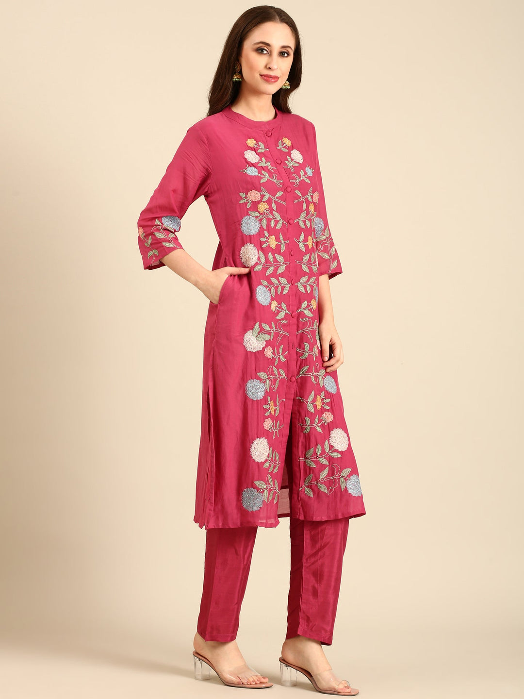 Neerus Pink muslin hand embroidered suit set - side view