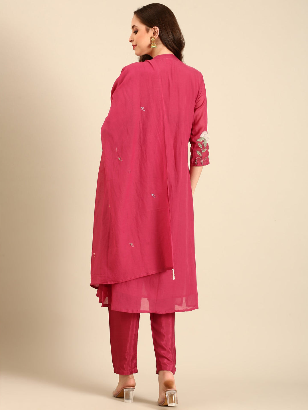 Neerus Pink muslin hand embroidered suit set - detail view 1