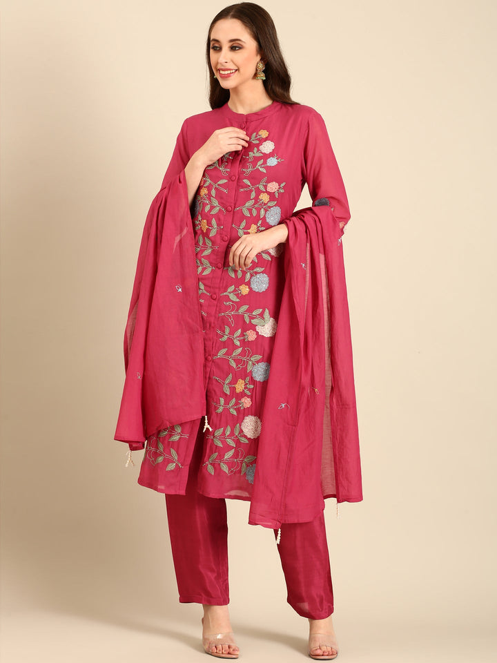 Neerus Pink muslin hand embroidered suit set - front view