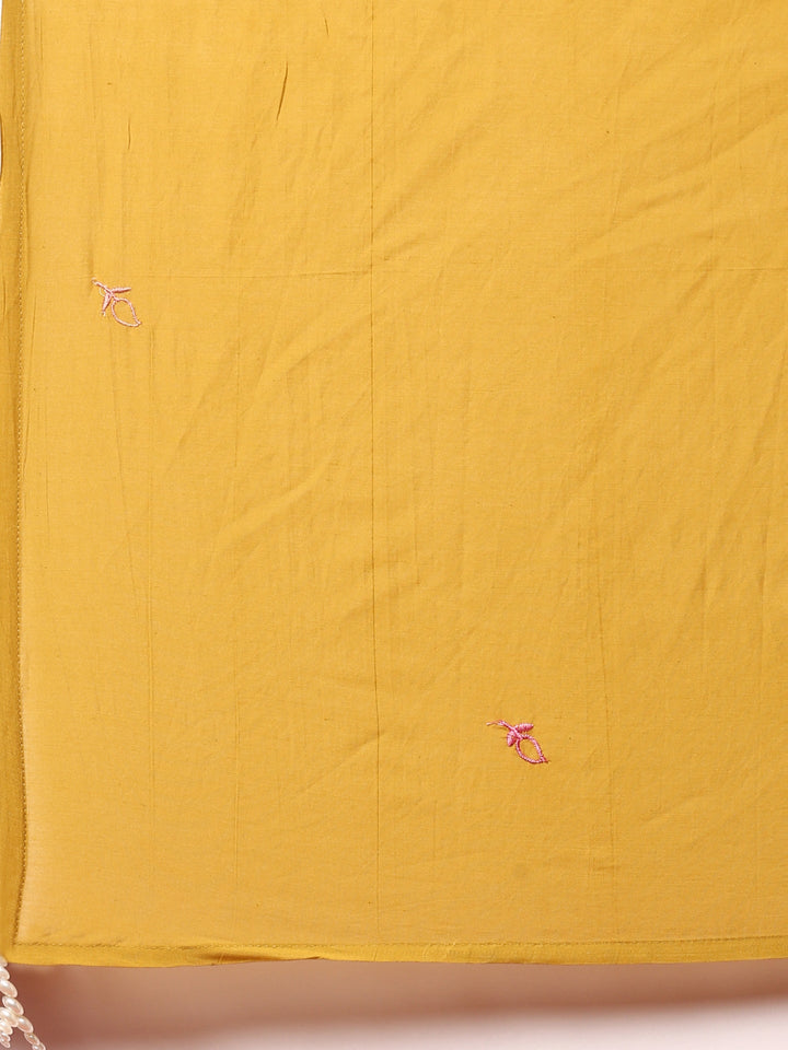 Muslin Mustard Resham embroidered three piece suit set