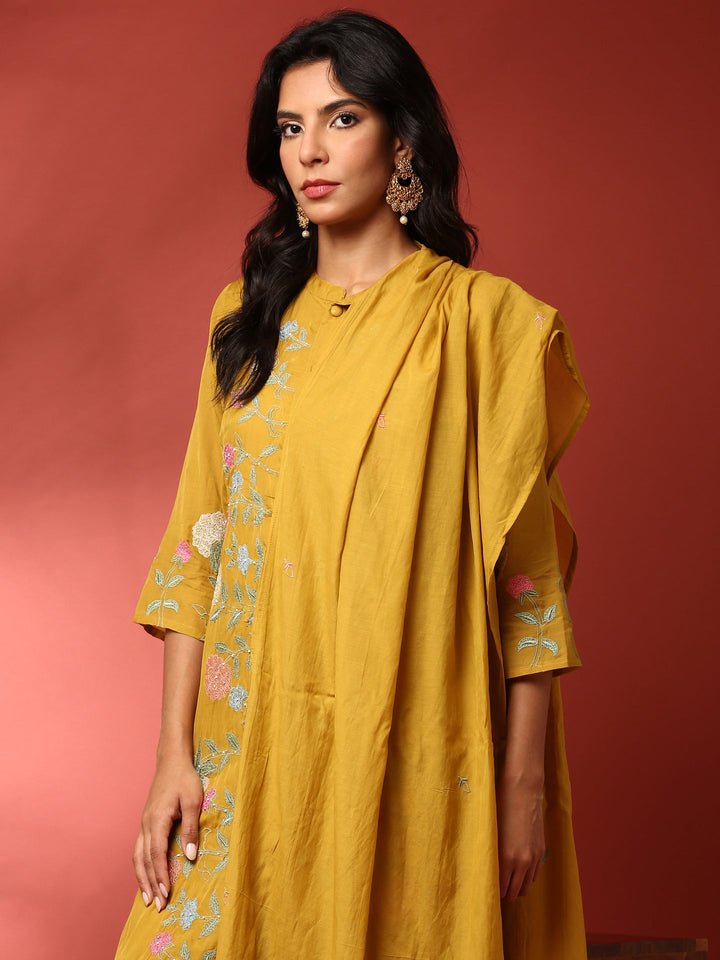 Muslin Mustard Resham embroidered three piece suit set