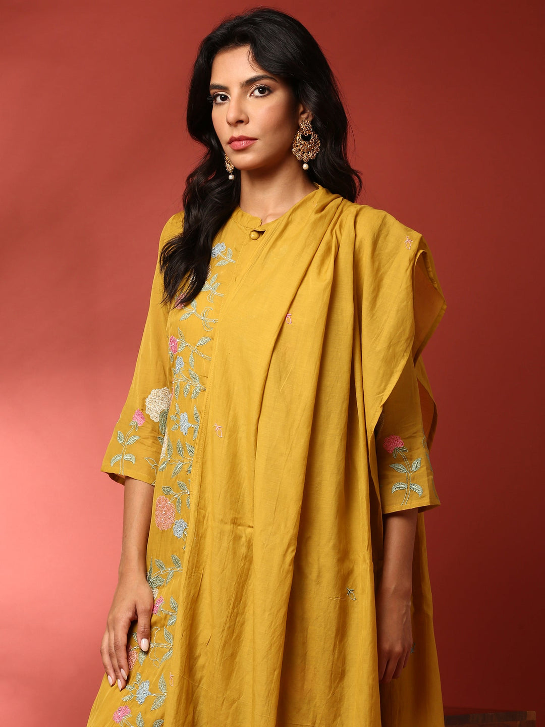 Neerus Yellow muslin thread embroidered suit set - front view