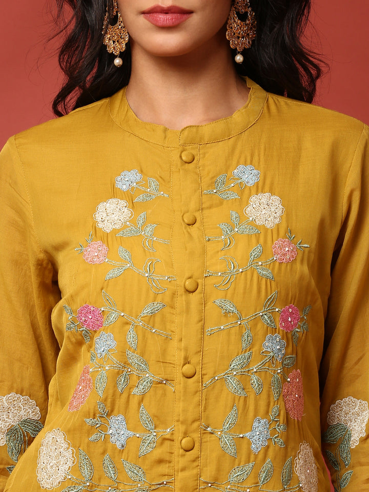 Muslin Mustard Resham embroidered three piece suit set