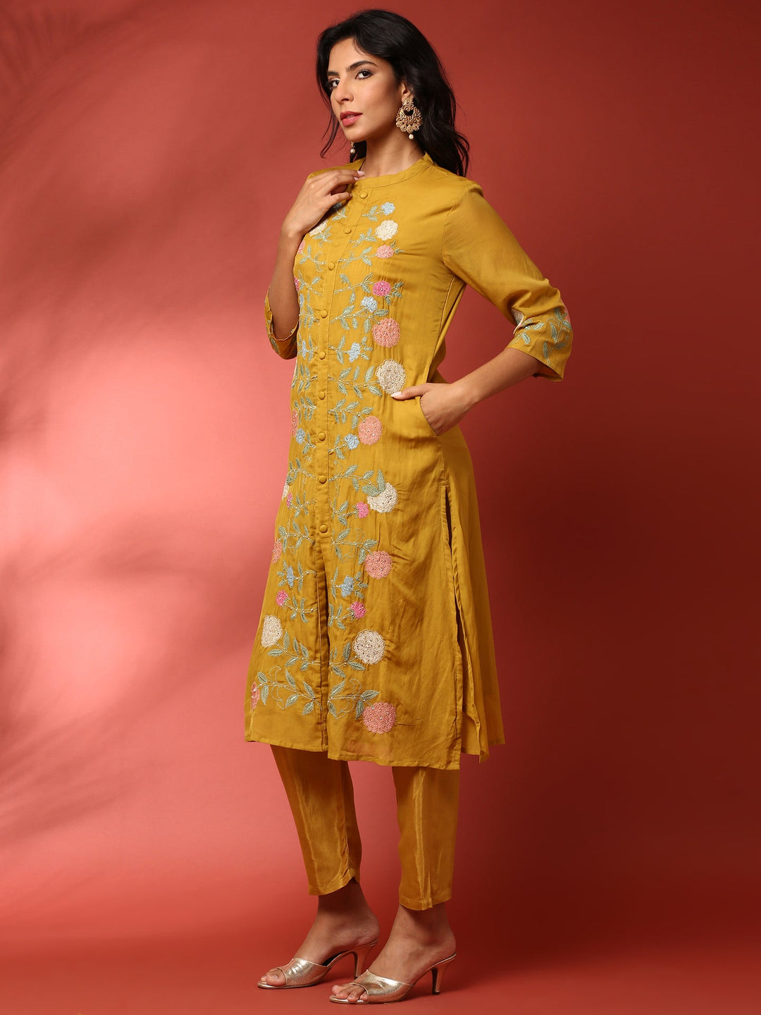 Neerus Yellow muslin thread embroidered suit set - back view