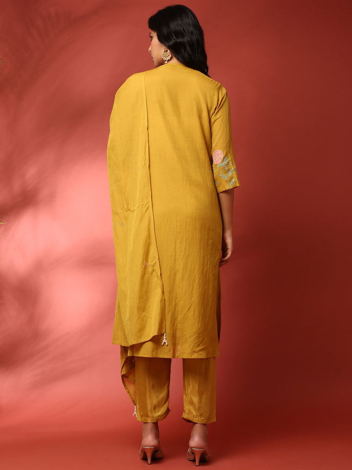 Neerus Yellow muslin thread embroidered suit set - side view