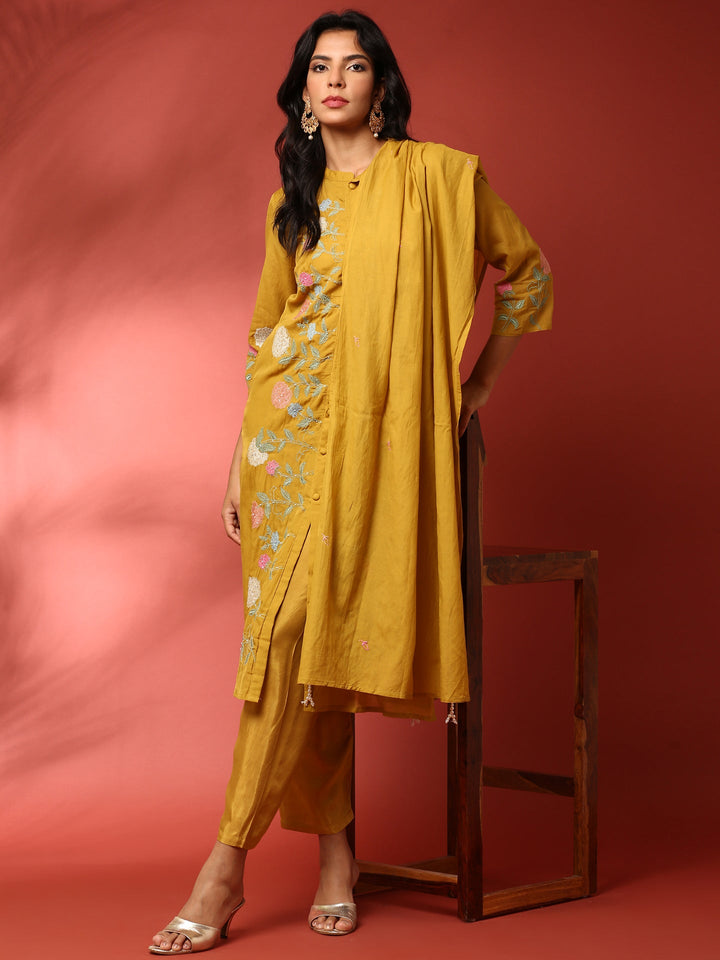 Muslin Mustard Resham embroidered three piece suit set