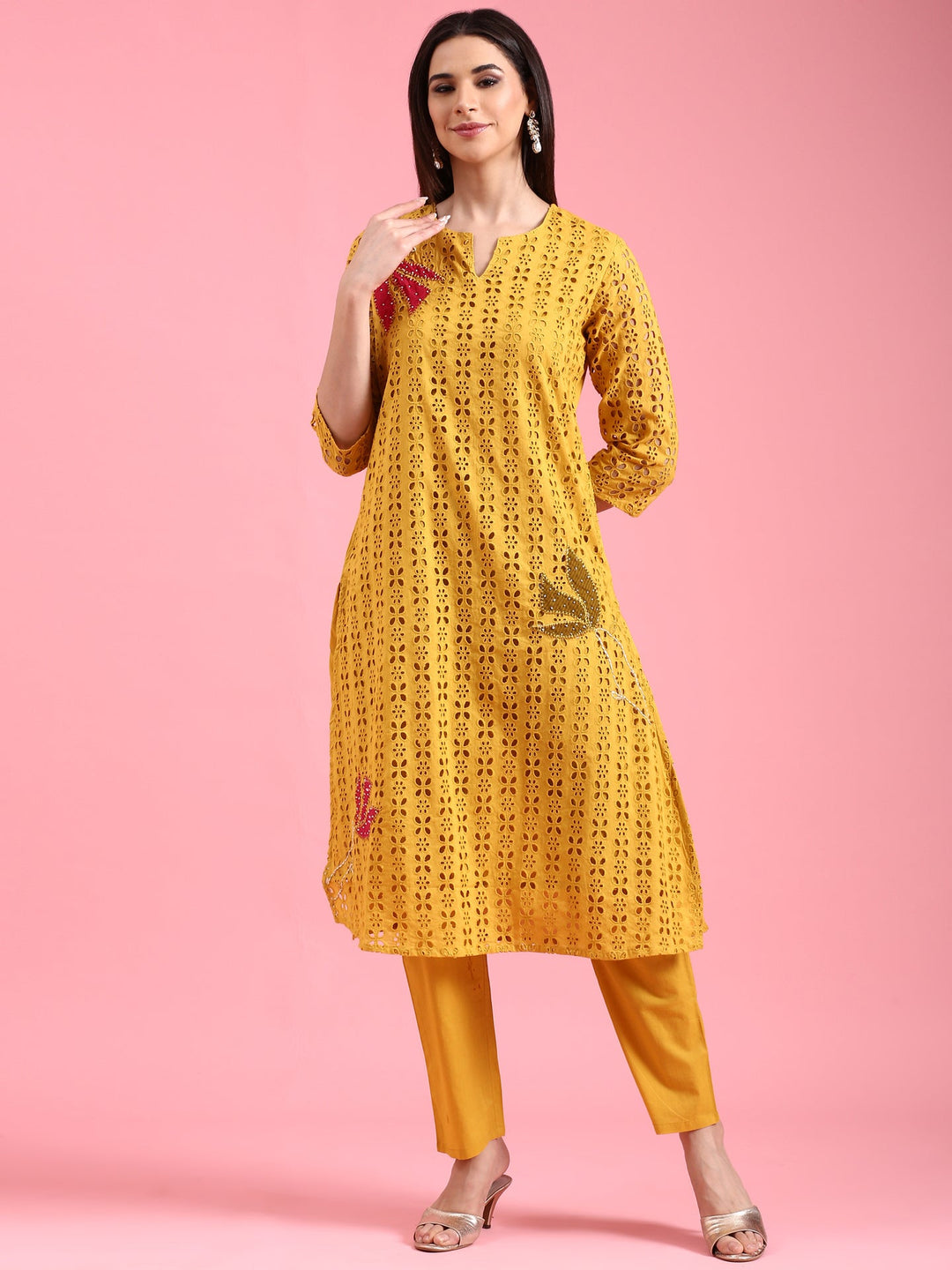 Neerus Yellow cotton chikankari kurta set - front view