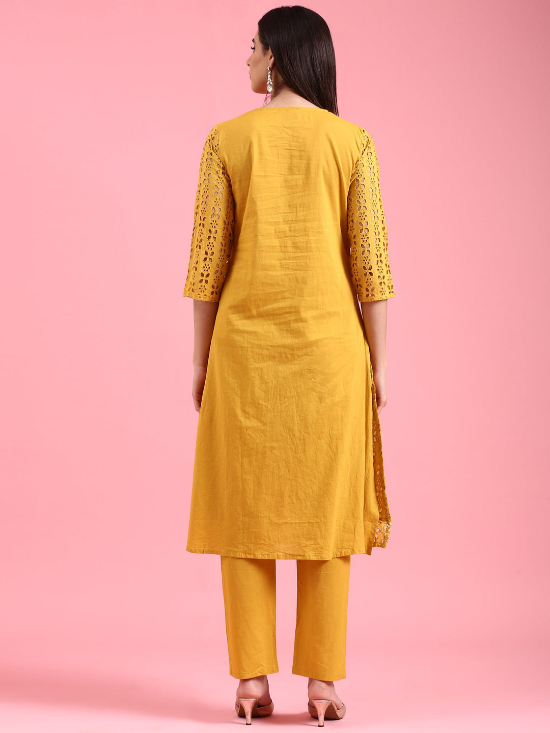 Neerus Yellow cotton chikankari kurta set - side view