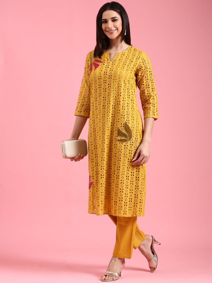 Neerus Yellow cotton chikankari kurta set - detail view 2