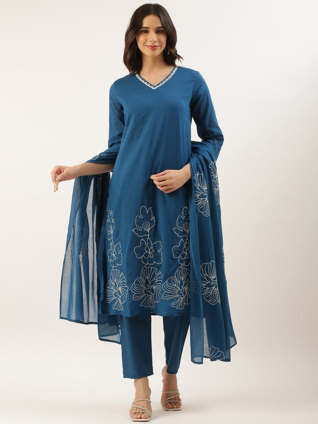 Neerus Blue Rayon Embroidered Suit Set - front view