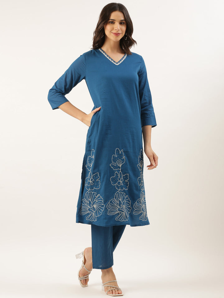 Neerus Blue Rayon Embroidered Suit Set - back view