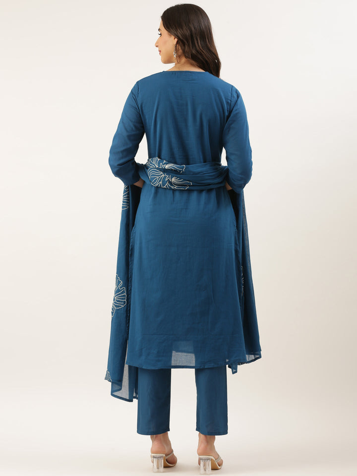 Blue Rayon Embroidery Three Piece Suit Set