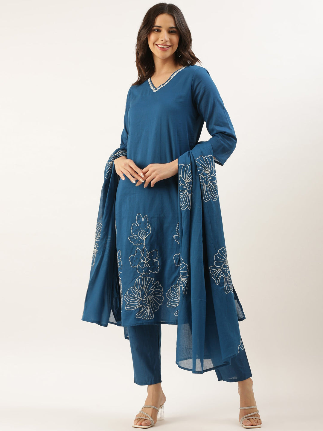 Neerus Blue Rayon Embroidered Suit Set - detail view 2