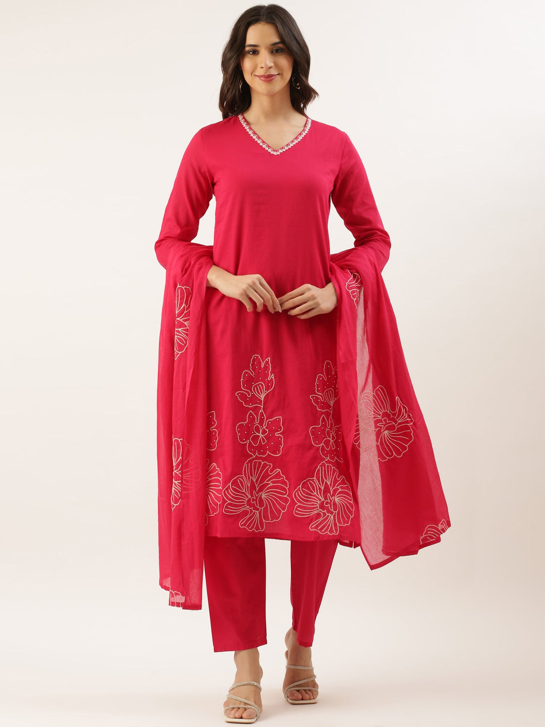 Neerus Pink rayon embroidered suit set - front view