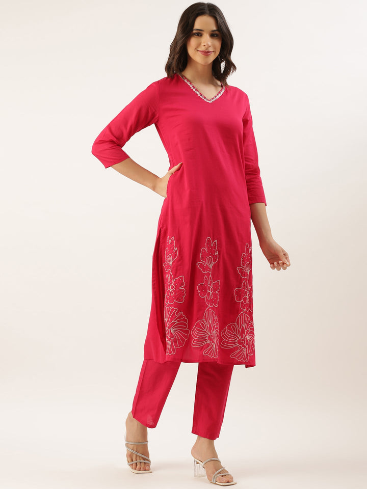 Neerus Pink rayon embroidered suit set - back view