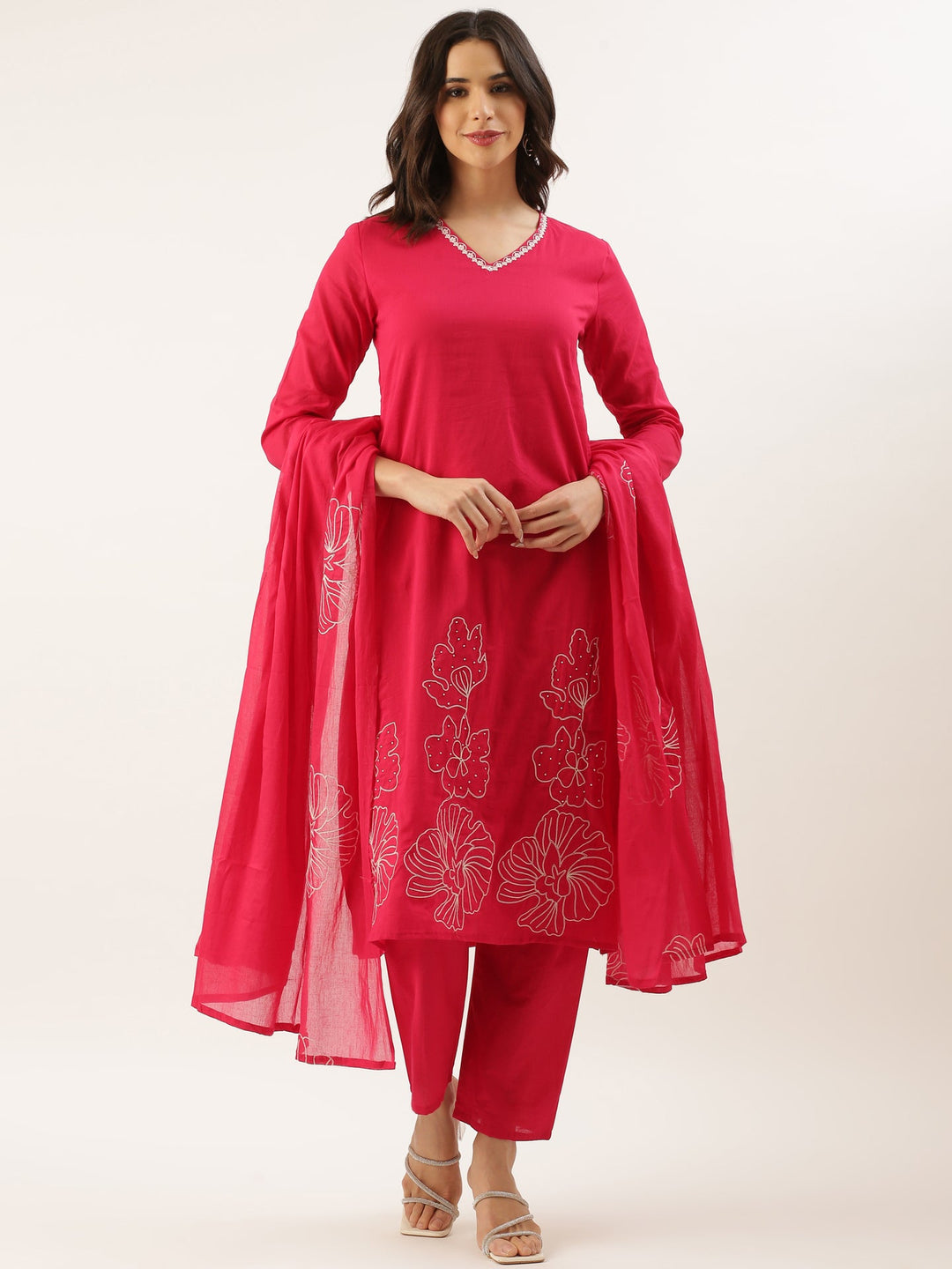 Neerus Pink rayon embroidered suit set - detail view 2