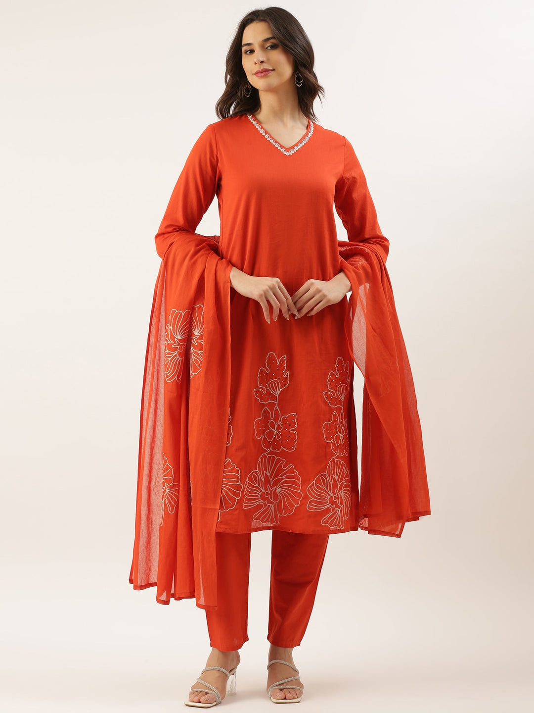 Neerus Orange Rayon Embroidered Suit Set - front view